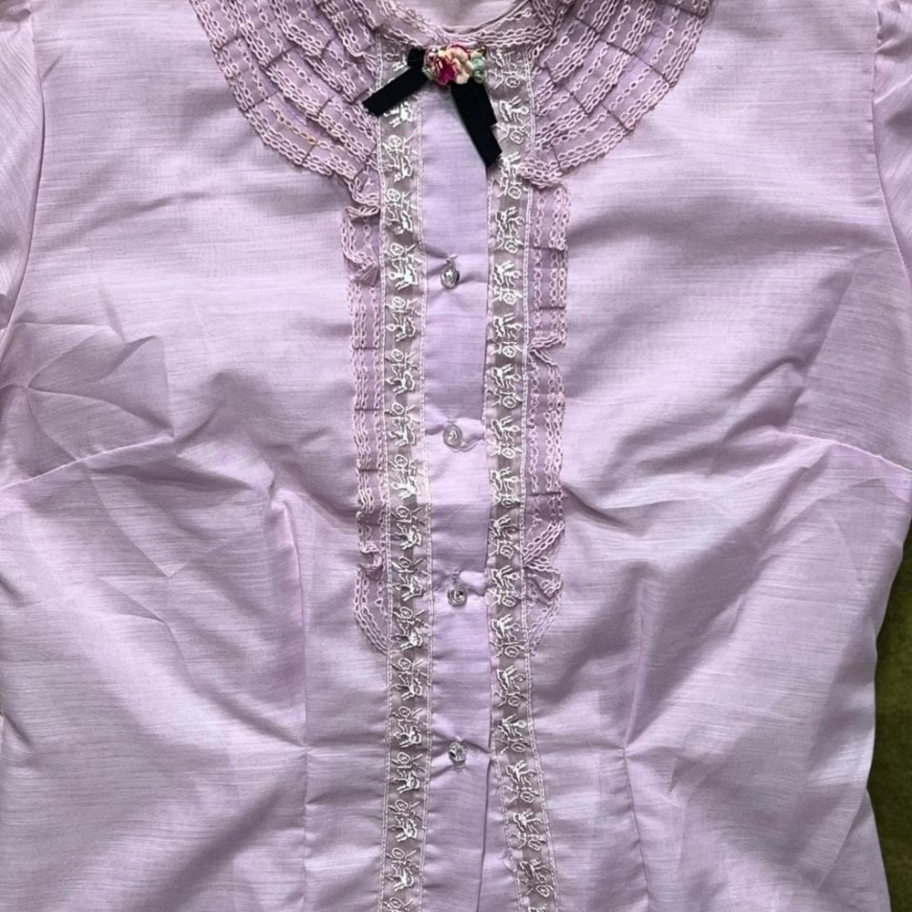 TRUE VINTAGE 1950s Lavender Sheer Lace Blouse Carriage Embroidery - Modern S/M - Picture 2 of 7